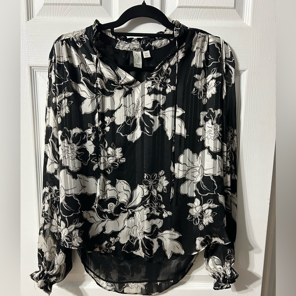 Joie Floral Print Contemporary Luxury Pleated Long Sleeve Blouse Shimmer EUC